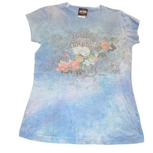Vintage Harley Davidson Women Blue Floral Rhinestone Graphic T Shirt Size Medium